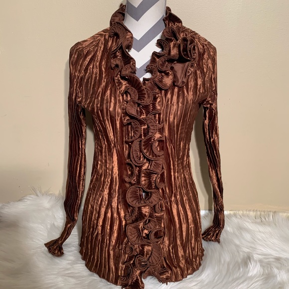 Toffee Apple Size M Ruched Brown Ruffle Shirt - Picture 1 of 5